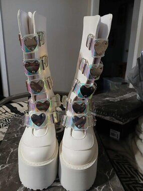 Demonia White Swing 230 Heart Platform Boots 7